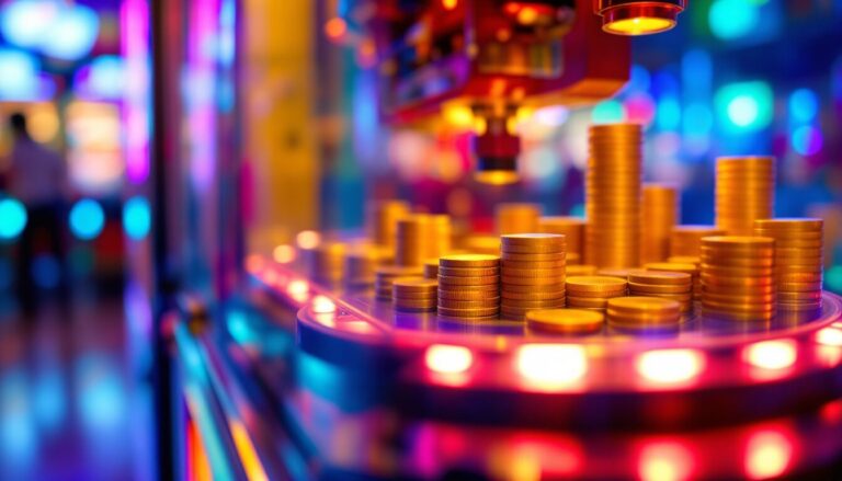 Machine à pousser des pièces dans une salle de jeux : mécanisme, pièces et plateau en mouvement